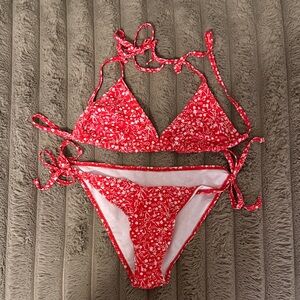 Red Floral Tie-String Bikini Set